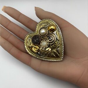 Vintage Mixed Media Artisan Heart Brooch Handcrafted Statement Piece
